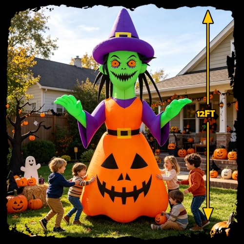 12ft Halloween Inflatable Witch Decor with LED Lights for Outdoor Yard Yard Party