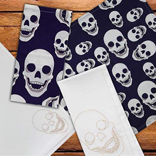 Blue & White Skull Printed Cotton Cloth Napkins Set of 4 - Decorative Kitchen Tabletop Halloween