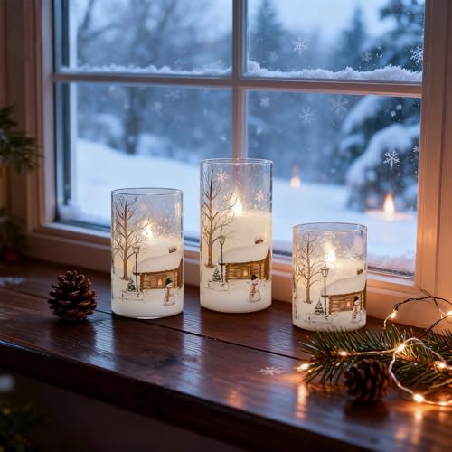 Snowman Flameless Candles with Remote & Timer - Battery Operated Christmas Holiday Decor - White LED Flickering Pillar Candles - 4 to 6 Inches - Snowman Remote Variation