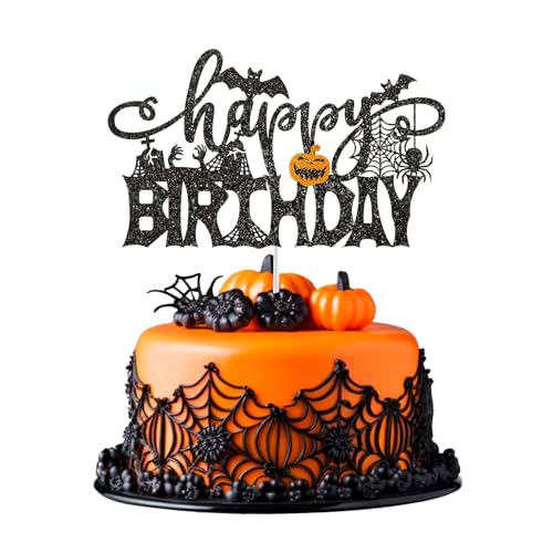 Halloween Happy Birthday Cake Topper Black Glitter Spooky Bat Party Decor