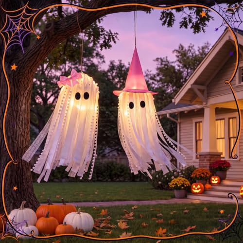 Pink Ghost Halloween Hanging Decor with LED Lights - Outdoor & Indoor Festive Decoration, 2 Pack