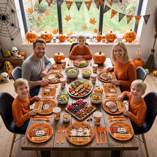 Halloween Disposable Party Plate and Napkin Set - Ghost Pumpkin Design, Serves 24