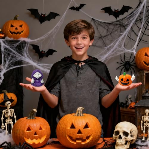 2PCS Halloween Pumpkin and Skeleton Figurines - Resin Skull Reaper Decor