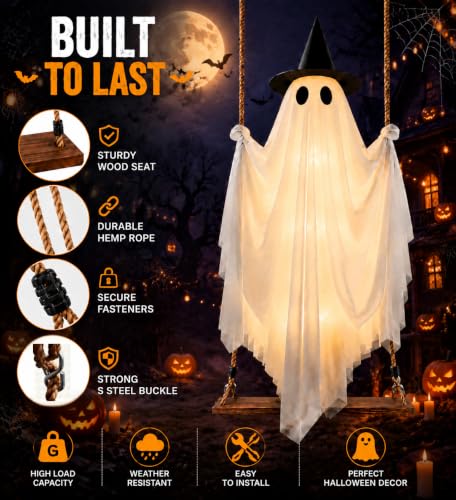 Lighted 5FT Outdoor Swinging Ghost Decor with Witch Hat - Halloween Yard Display