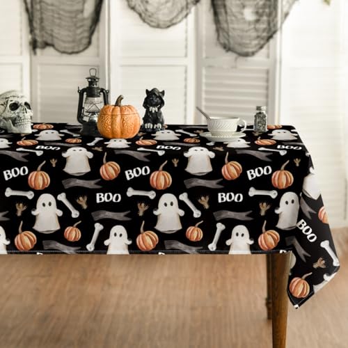 Halloween Tablecloth 52 x 70 Inch Rectangular Ghost Pumpkin Black - Durable Polyester