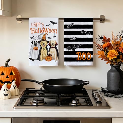 Hexagram Halloween Kitchen Towels - Black Striped Dog Hand Towels - Spooky Decor