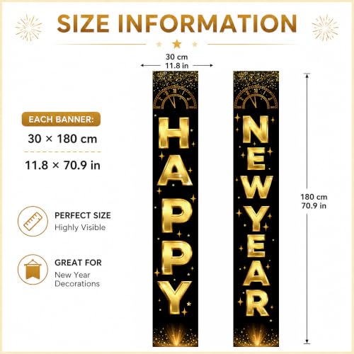 Black Gold New Year Porch Banner - Happy New Year Decorations 2027