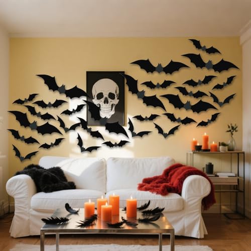 3D Halloween Bat Wall Decor - 140 Reusable PVC Bats for Home & Party