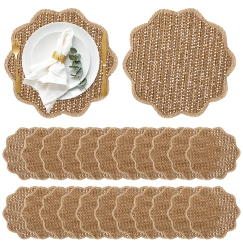 Gandeer 24 Pcs 13-Inch Brown Scalloped Woven Paper Placemat - Wavy Border