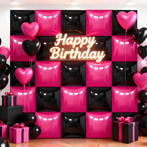 Hot Pink and Black Square Foil Balloon Wall Kit - 36pcs Party Backdrop Variation