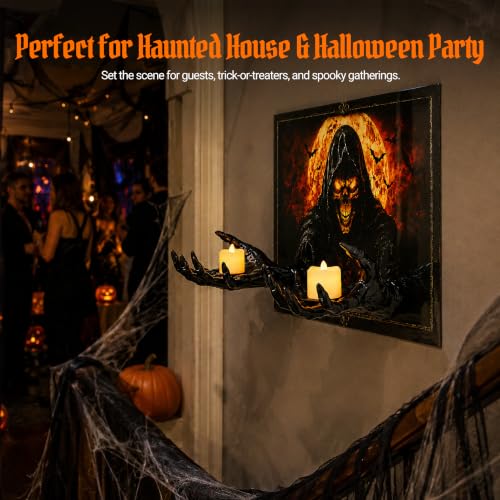 Halloween Wall Decor 3D Grim Reaper Skeleton Hands with LED Candles, Haunted House Gothic Art