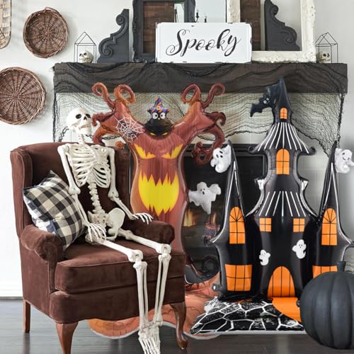 Halloween Standing Foil Balloons Set - Ghost Castle & Spooky Tree, 4ft, Helium-Free, Self-Standing Halloween Decorations with Variation Castle & Tree