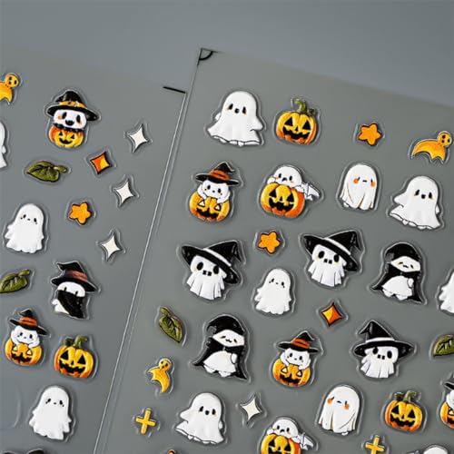 Halloween Nail Stickers Set - Embossed 5D Ghost & Pumpkin Designs, Style 13