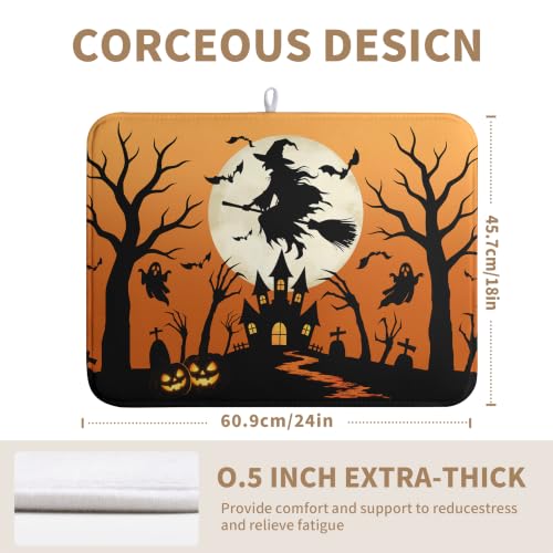 Halloween Witch & Castle Dish Drying Mat 18x24 Inch - Fall Kitchen Decor, Absorbent Microfiber Counter Protector