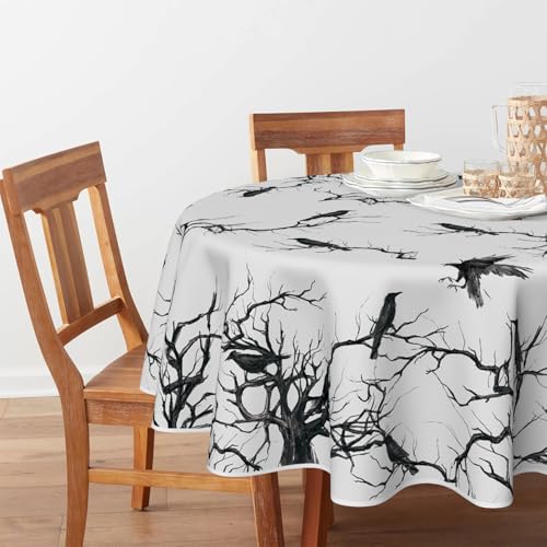 Halloween Tablecloth 90x90 Inch Round Crow Tree Decor - Black
