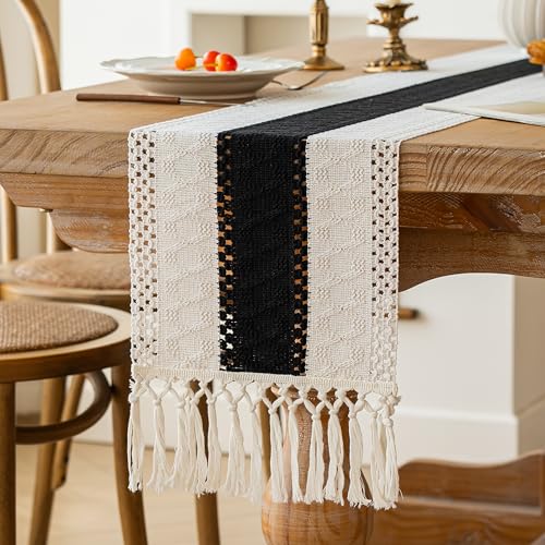 Farmhouse Table Runner Black 12x90 Inches - Rustic Boho Home Decor