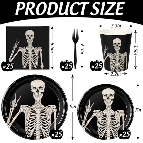 Halloween Skeleton Disposable Tableware Set for 25 Guests - Plates, Cups, Napkins, Cutlery