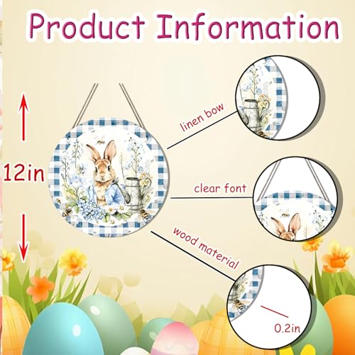 Easter Wreath Funny Rabbit Porch Wreaths - Blue White Grid Design 12 Inch - Easter Style 36