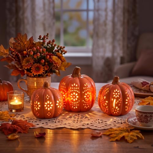 3-Piece Fall Ceramic Pumpkin Lights Set - Orange LED Halloween Decor
