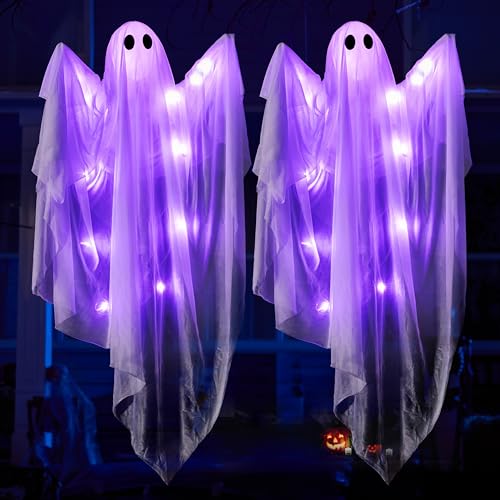 Purple 47-Inch Light-Up Hanging Ghost Decorations - Halloween Outdoor Yard Decor Set of 2