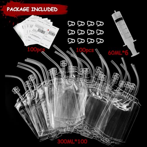 Halloween Blood Bags Drink Set - 100 Bags Labels Clips Syringes, 300ml Reusable Pouches