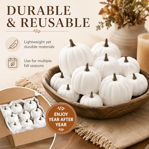 White Mini Pumpkins Artificial Fall Decor Set - 12 Pieces in 3 Sizes with Variation