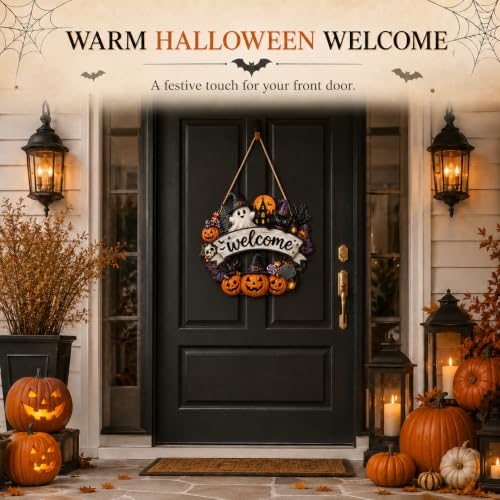 Halloween Wooden Door Wreath Sign - Rustic Fall Porch Decor with Ghost Pumpkin Bat