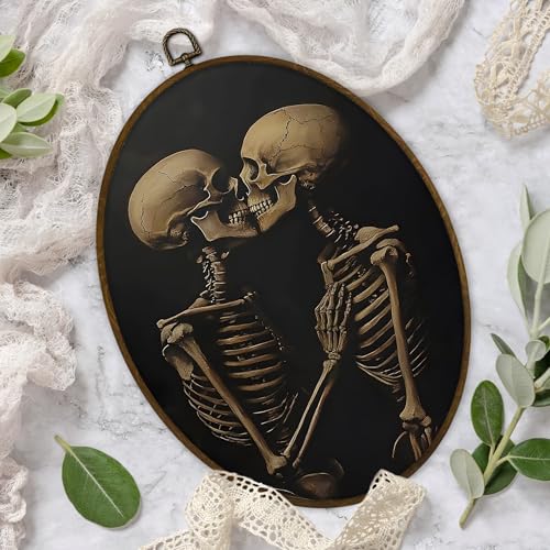 Skeleton Couple Wall Art - Gothic Oval Canvas Decor for Bedroom & Home, Variation of Skeleton