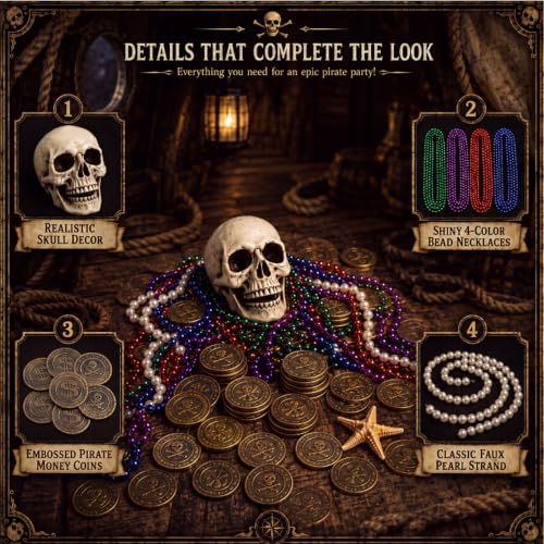 Pirate Treasure Party Decorations Kit with Coins Beads and Skull - Halloween & Birthday