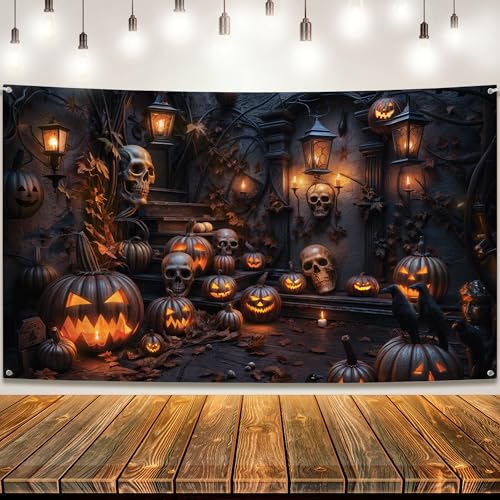 Halloween Backdrop 72x44 Inch - Spooky Haunted Mansion Scene - Orange & Black Variation