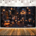 Halloween Backdrop 72x44 Inch - Spooky Haunted Mansion Scene - Orange & Black Variation