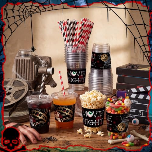 Horror Movie Night Plastic Cups with Lids & Straws - Black & Red Variation