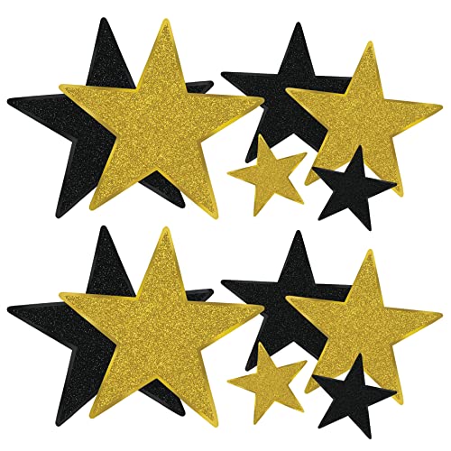 Black & Gold Glittered Star Cutouts - 12 Pack for Awards Night & New Year’s Eve Party Decorations