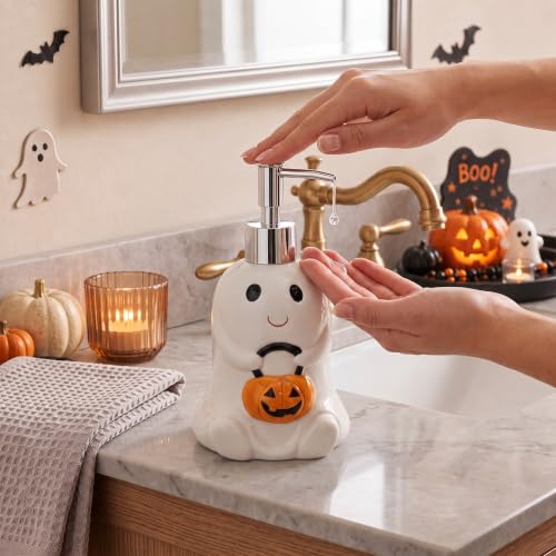 Potchen Ghost and Pumpkin Ceramic Soap Dispenser Halloween Decor - Whimsical Pump for Bathroom & Kitchen