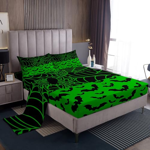 Feelyou Halloween Bat Bed Sheets Set - Green Queen Size Kids Bedding - Spider Web Design, Halloween Decor