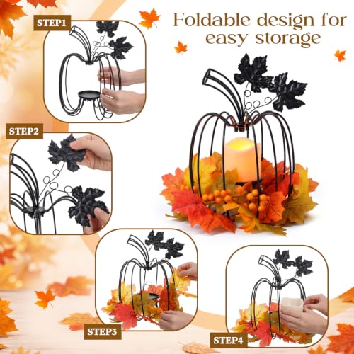 11.5-Inch Black Fall Pumpkin Lanterns with Flickering LED Candles - Set of 2
