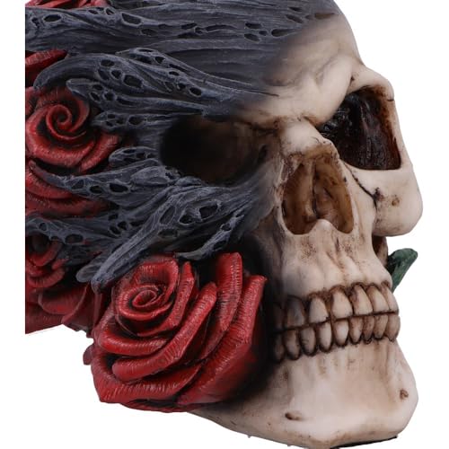 Gothic Skull Figurine with Red Roses and Black Smoke - Hand-Painted Resin Decor