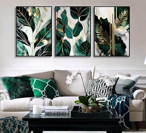 Green and Gold Abstract Wall Art Set - 16x24 Inch Emerald Canvas Prints for Living Room & Bedroom - Unframed