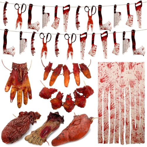 Halloween Bloody Decorations Set - Scary Props, Banners & Body Parts for Haunted House and Party
