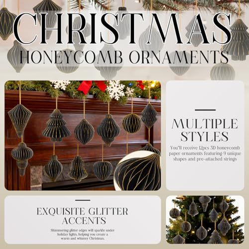 Black Paper Christmas Decorations 12pcs - 3D Honeycomb Lanterns with Glitter - Variation of THIS listing