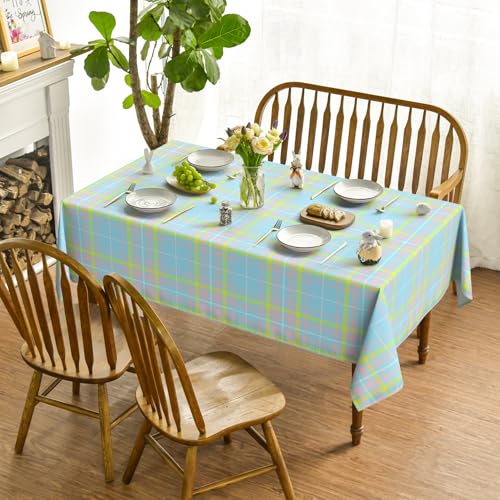 Easter Tablecloth 52 x 70 Inch Rectangular Blue Buffalo Plaid - Durable Polyester