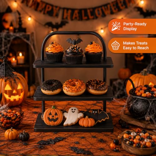 Black 3-Tier Halloween Cupcake Stand for 50 Cupcakes - Rustic Wooden Display