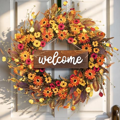 Fall Wreath for Front Door - 26 Inch Autumn Decor with Orange Daisy - Welcome Sign - Variations: Orange Daisy/Welcome Board