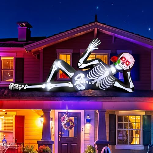 10FT Inflatable Skeleton with Biting Rose Halloween Yard Decor - Outdoor Giant Skeleton