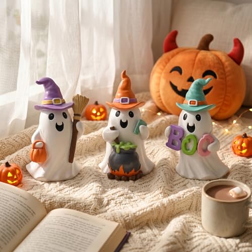 Pastel Halloween Ghost Decorations Set - 3 Resin Figurines for Home & Tabletop Spooky Decor