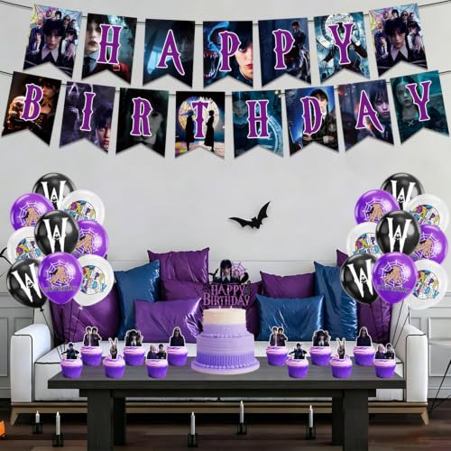Halloween Party Decorations Set with Balloons Banner & Toppers - Purple Black 32pcs