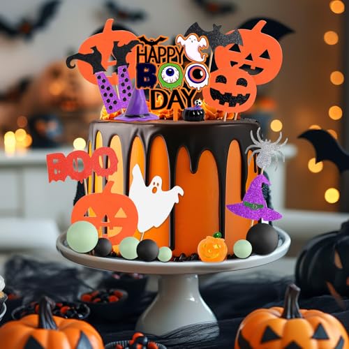Halloween Cake Decorations Set with Pumpkins, Ghosts, Witches & Boo Signs