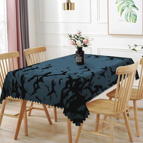 Halloween Tablecloth 54x108 Inch Navy Blue Scary Bats Silhouette Waterproof Washable