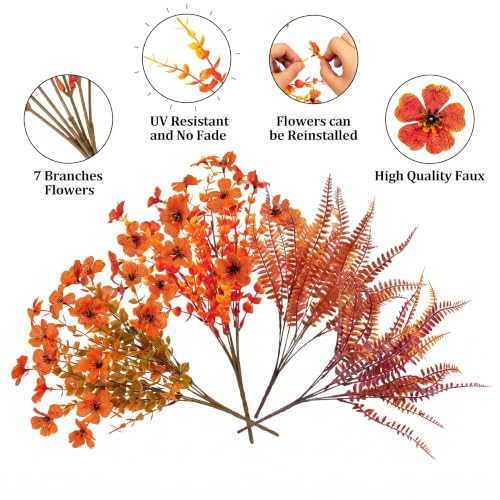 Artificial Fall Flowers for Outdoors - 12 Bundles Faux Mums, Orange Variation