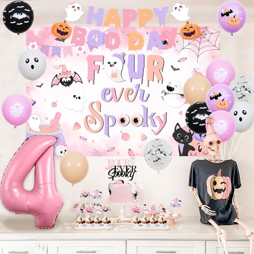 Halloween 4th Birthday Decorations Kit for Girls Pink and Purple Ghost Balloons Banner Cake Topper